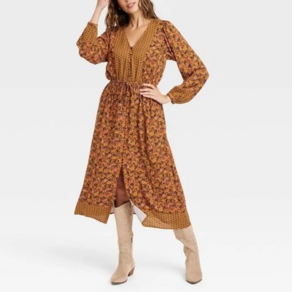Knox Rose Long Sleeve Button-Front Dress - Rust Heritage, XXL